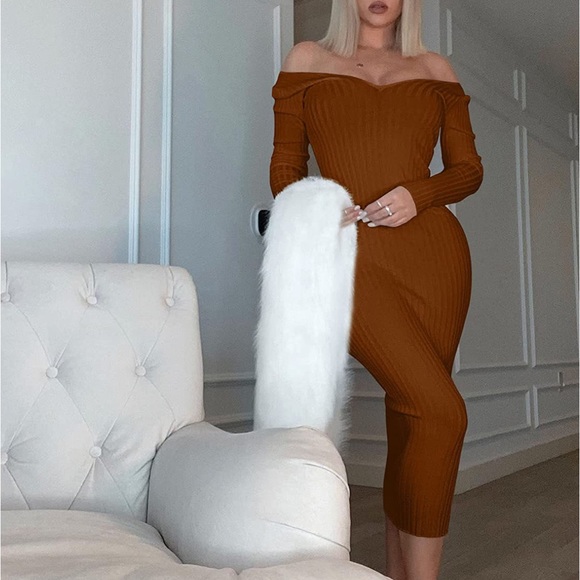 💕 BROWN Women's Sexy Long Sleeve Off Shoulder Knit Bodycon Long Dress *NEW* - Picture 2 of 3